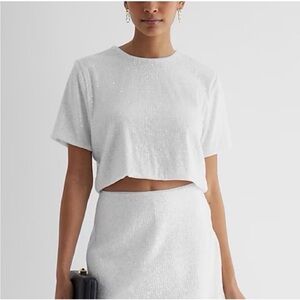 Express Shimmering White Sequin Crop Top